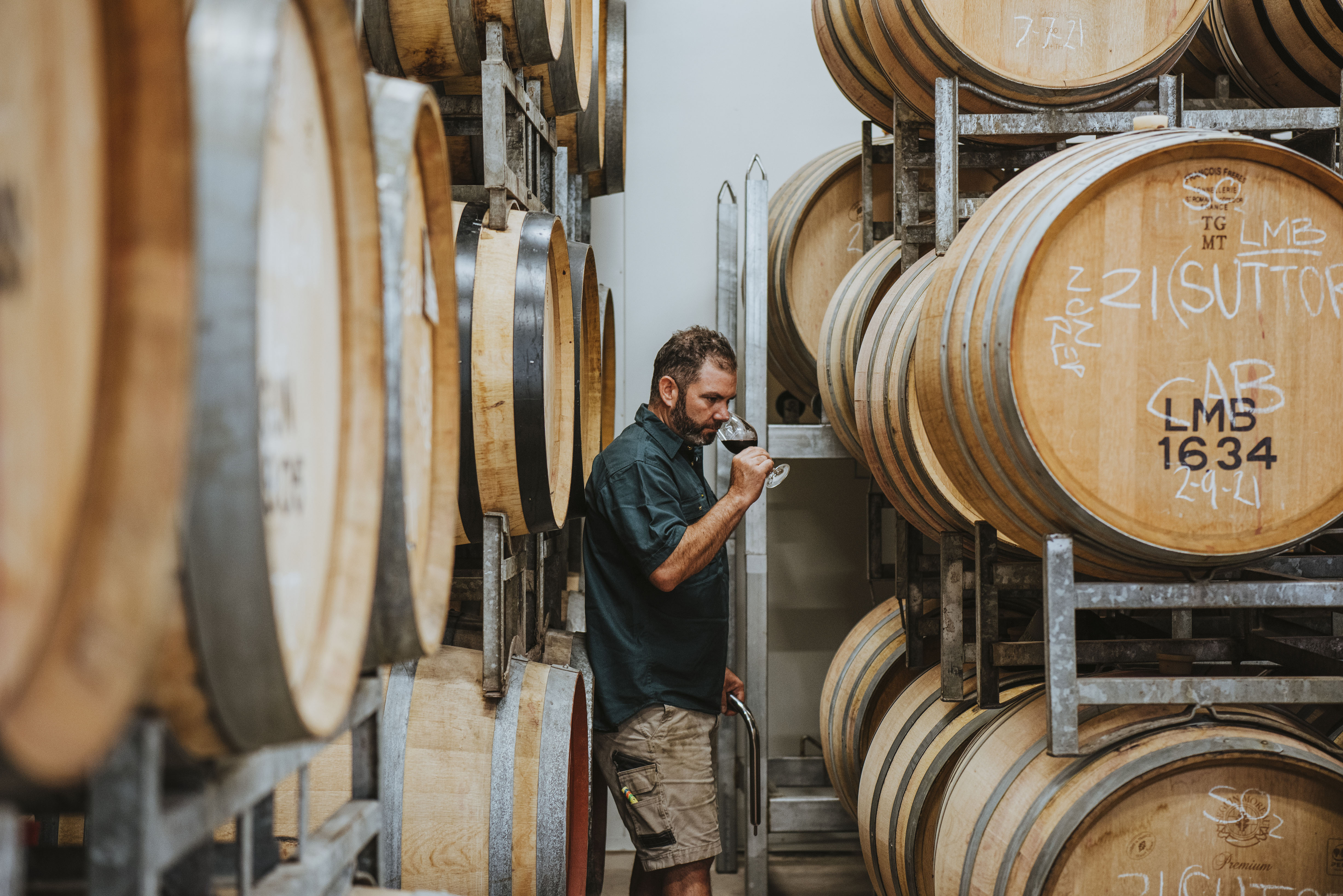 Winemaker sniffing a glass of wine among the barrels